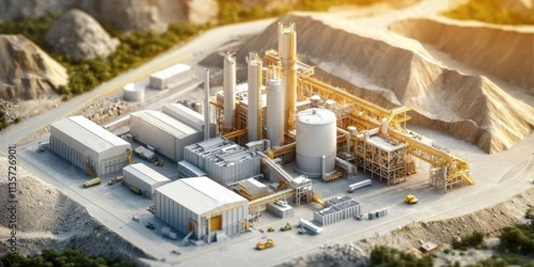 Fototapeta Isometric 3D Design of Mining Industry Plant in Scenic Landscape