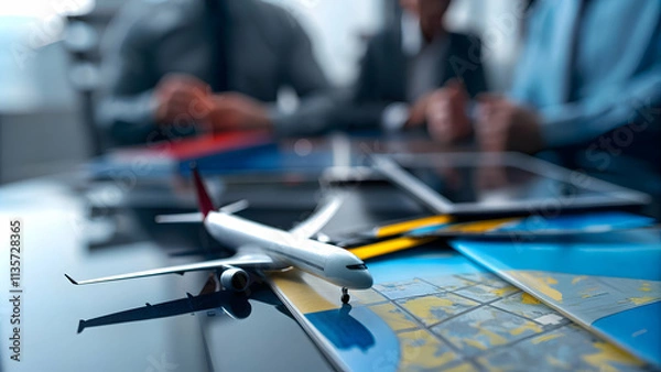 Fototapeta Travel Consultant Negotiating Packages Rates Clients Desk Plain Background Marginal Cost Travel Ample Copy Space