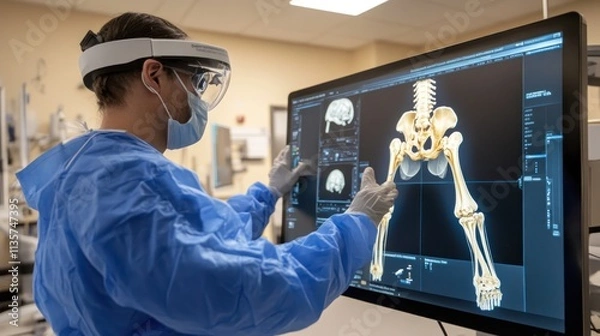 Fototapeta Doctor reviewing 3D skeletal X-ray on large monitor.