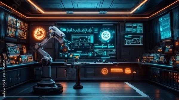 Fototapeta Futuristic control room with robotic arm and advanced digital displays.