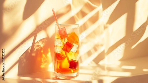 Fototapeta Refreshing Summer Beverage with Colorful Ice Cubes in a Clear Glass, Perfectly Lit by Warm Sunlight Casting Intriguing Shadows on a Minimalist Background