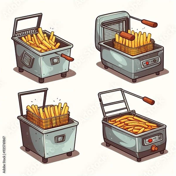 Fototapeta The image features cartoon-style deep fryers, each showing a different stage of french fries preparation raw potatoes, frying in oil, being lifted, and cooked fries ready to serve.