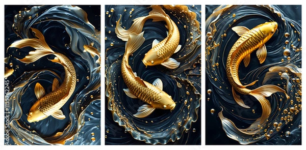 Fototapeta  A captivating triptych featuring golden koi fish swimming gracefully in swirling water. The rich colors and intricate details create a luxurious and dynamic artwork.  