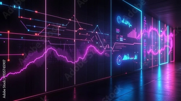 Fototapeta A futuristic corridor featuring vibrant data visualizations and digital graph.