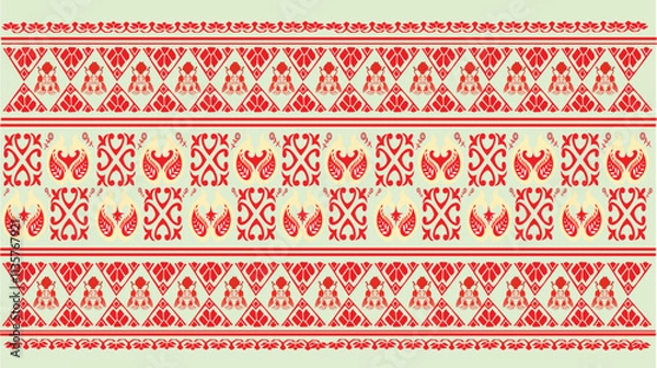 Fototapeta tribal pattern ( Assamese pattern ) of northeast India which is used for textile design in Assam Gamosa , muga silk or other traditional dress. similar to Ukrainian pattern or Russian pattern.
