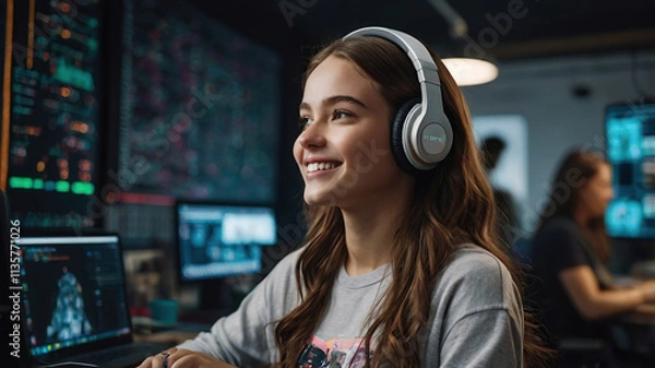 Fototapeta Portrait of a Girl in Headphones Using a Computer