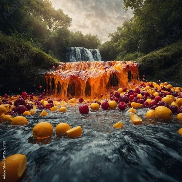 Fototapeta A surreal waterfall made entirely of flowing fruit juices.