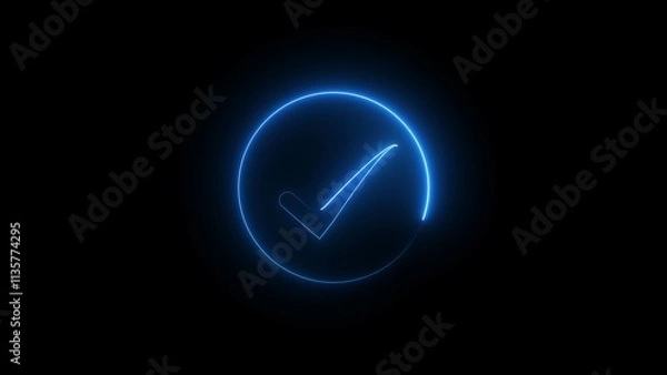 Fototapeta Glowing blue checkmark inside a circle on a black background. Glowing neon tick mark in neon rectangle.
