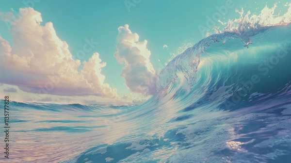 Obraz Wave curving over sunset ocean surrounded by beautiful fluffy clouds