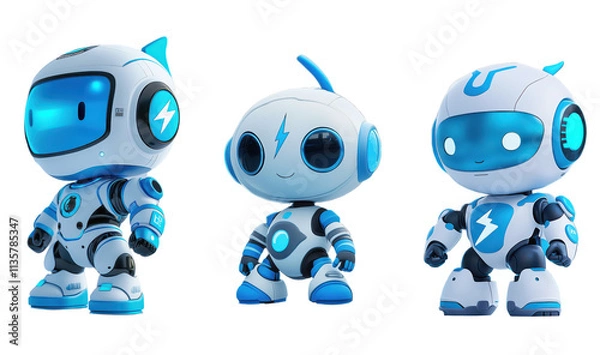Fototapeta A cute blue 3D cartoon android robot character with a white sign, a fun and futuristic mascot illustration, isolated on a white background