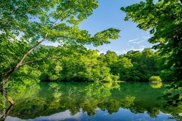 Obraz 新緑の鎌池（小谷村）