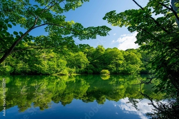 Obraz 新緑の鎌池（小谷村）