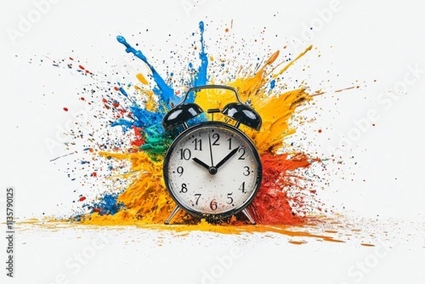 Fototapeta Colorful explosion of paint behind an alarm clock on a white background during a creative art project