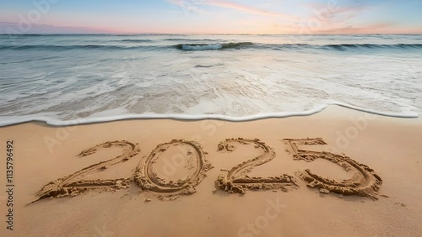 Fototapeta 2025 written on a sandy beach with ocean waves creating a natural and serene holiday theme perfect for new year celebrations or travel-inspired designs