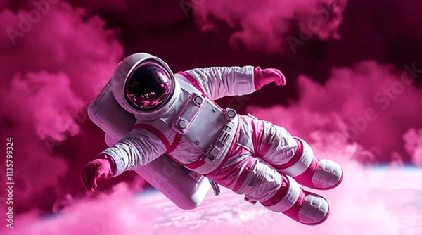 Fototapeta A spaceman floating in the cosmos surrounded by vibrant and gradient colors, a lone astronaut exploring the universe with glowing hues and a surreal cosmic atmosphere.