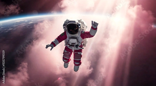 Fototapeta A spaceman floating in the cosmos surrounded by vibrant and gradient colors, a lone astronaut exploring the universe with glowing hues and a surreal cosmic atmosphere.