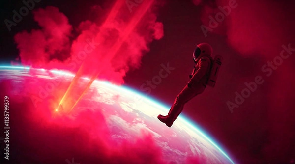 Fototapeta A spaceman floating in the cosmos surrounded by vibrant and gradient colors, a lone astronaut exploring the universe with glowing hues and a surreal cosmic atmosphere.