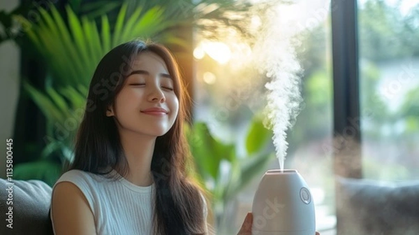 Fototapeta Woman Relaxing with Aroma Diffuser