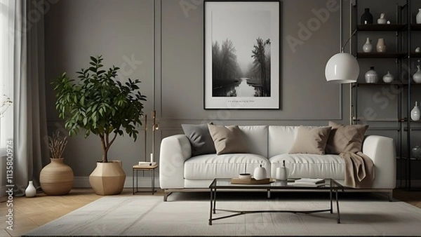 Obraz Interior design of living room interior with mock up poster frame, white sofa, modern pouf, glass coffee table, vase with branch, stylish rack and silver personal accessories. Home decor. Template