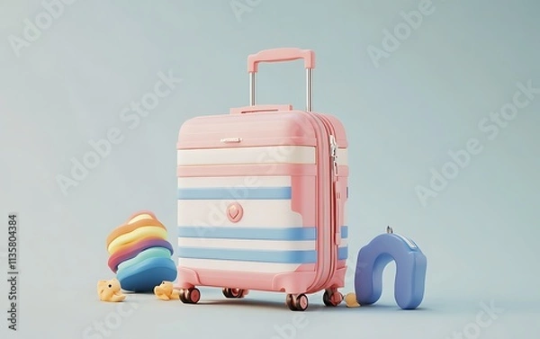 Fototapeta Travel luggage with cartoon style, 3d rendering, Generative Ai