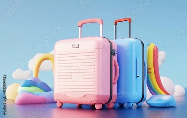 Fototapeta Travel luggage with cartoon style, 3d rendering, Generative Ai