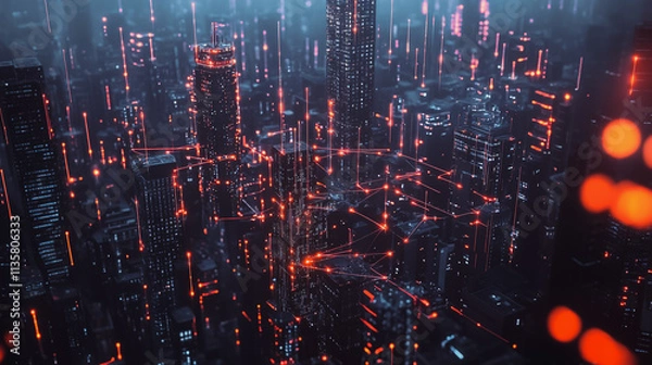 Fototapeta Smart digital Innovation city with connection network reciprocity over the cityscape. of future smart wireless digital city and social media networking systems that connects people with in city