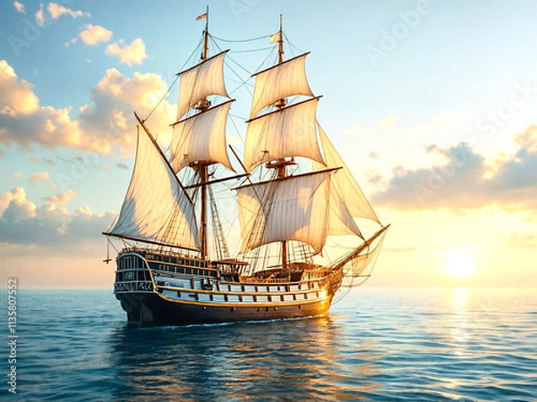 Fototapeta A grand wooden sailing ship journeys through tranquil seas at dusk, with billowing sails catching the sunlight, surrounded by seagulls and a serene, glowing horizon stretching into the distance.