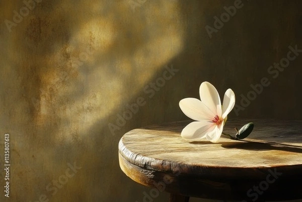 Obraz Magnolia Blossom Rests On Wooden Table Against Warm Background