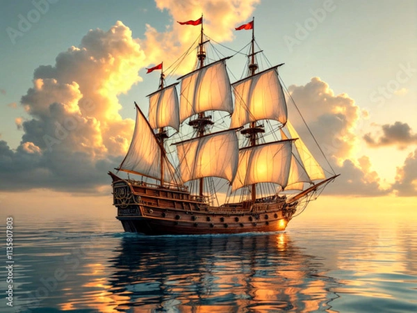 Fototapeta A grand wooden sailing ship journeys through tranquil seas at dusk, with billowing sails catching the sunlight, surrounded by seagulls and a serene, glowing horizon stretching into the distance.