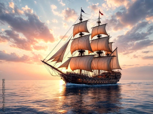 Fototapeta A grand wooden sailing ship journeys through tranquil seas at dusk, with billowing sails catching the sunlight, surrounded by seagulls and a serene, glowing horizon stretching into the distance.