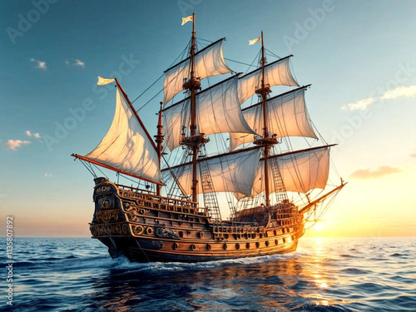 Fototapeta A grand wooden sailing ship journeys through tranquil seas at dusk, with billowing sails catching the sunlight, surrounded by seagulls and a serene, glowing horizon stretching into the distance.