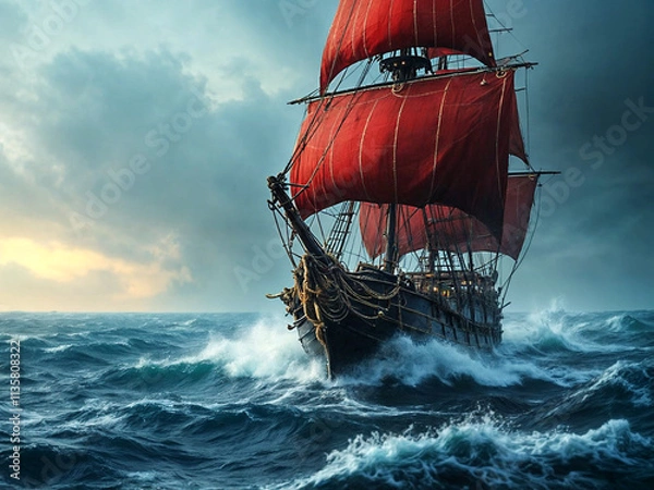 Fototapeta A grand wooden sailing ship journeys through tranquil seas at dusk, with billowing sails catching the sunlight, surrounded by seagulls and a serene, glowing horizon stretching into the distance.