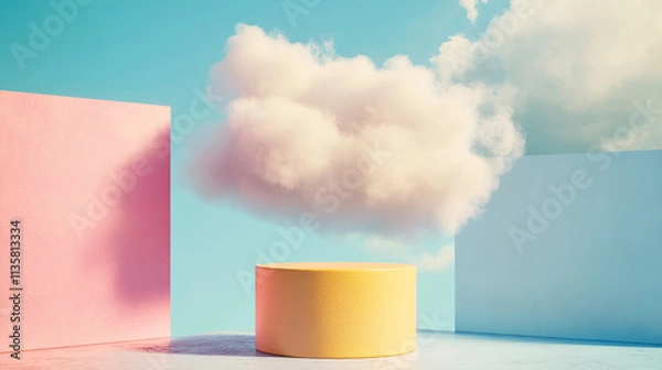 Fototapeta Colorful geometric shapes with fluffy cloud in a bright blue sky setting