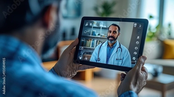 Fototapeta An image depicting the concept of online medicine or telemedicine, showcasing a patient using a video call on a digital device to consult with a doctor for medical advice and support