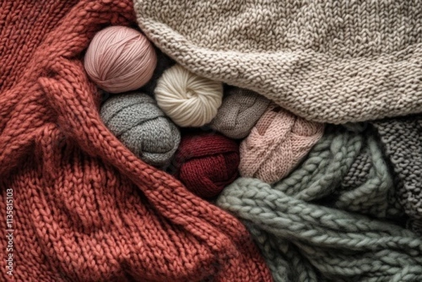 Fototapeta Assorted Knitted Fabrics and Yarn Balls Displayed Together