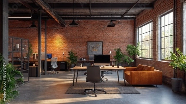Fototapeta an industrial warehouse converted into a trendy small business office with exposed beams and creative decor.