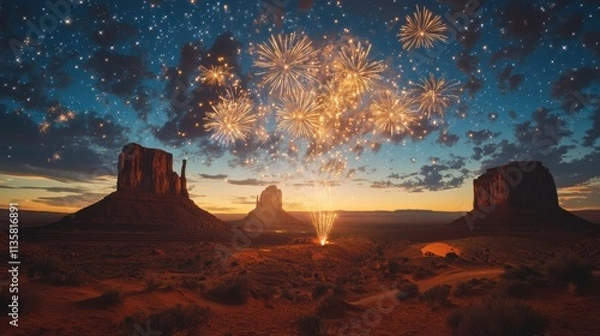Fototapeta Monument Valley Fireworks: A breathtaking spectacle of fireworks erupting against the iconic Monument Valley landscape, with the starry night sky adding a touch of magic to the scene. 