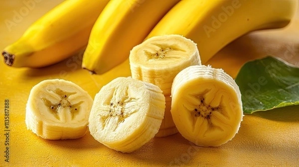 Fototapeta banana, fruit, organic, fresh, nutritious, delicious, yellow, and tropical On a strong yellow background, a colorful banana that has peeled halfway reveals its creamy texture and vivid yellow skin