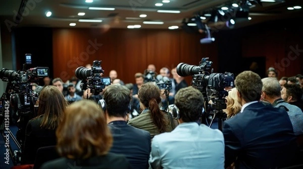 Fototapeta A group of journalists receiving a media release at a press conference, ready to report on the news.