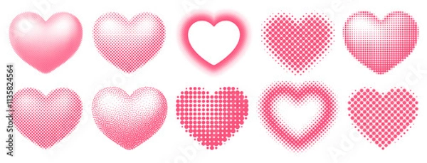 Obraz Set of different shaped hearts with halftone effect. Monochrome, pop art style dotted hearts, isolated on white background. Vector illustration