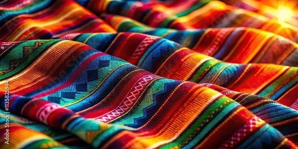 Fototapeta Tilted close-up of vibrant, patterned Mexican fabric, showcasing radiant hues, soft lighting, and subtle textures;  golden hour tones, shallow depth of field,  emphasizing a trendy, modern aesthetic.