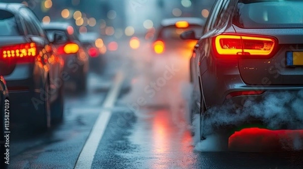Fototapeta Closeup car exhaust pipe with visible CO2 smoke billowing out. Carbon emissions and global warming. Environmental problem with diesel and fossil fuels burning. Dioxide impact from urban traffic jams. 