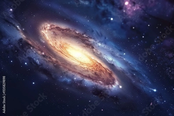 Fototapeta A spiral galaxy shines brightly amidst a vast expanse of stars in the cosmic landscape A cosmic landscape with swirling galaxies and stars
