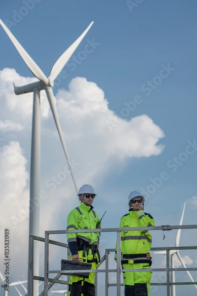 Fototapeta Wind Turbine Maintenance and Repair Technician, Engineer Checking Turbines working maintenance clean power generator system