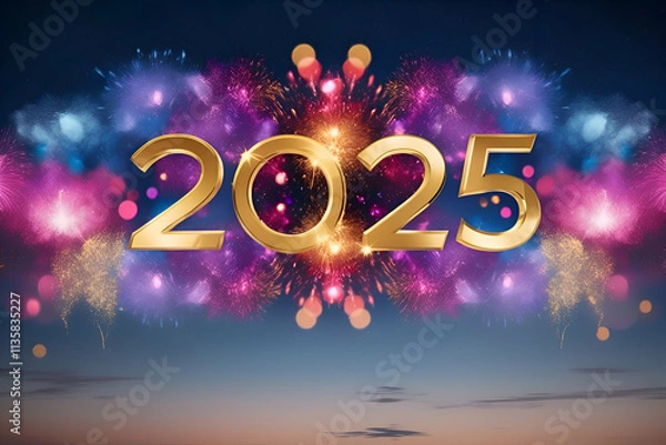 Fototapeta The image shows the year 2025 in golden numbers with colorful fireworks exploding in the background, celebrating the new year.
