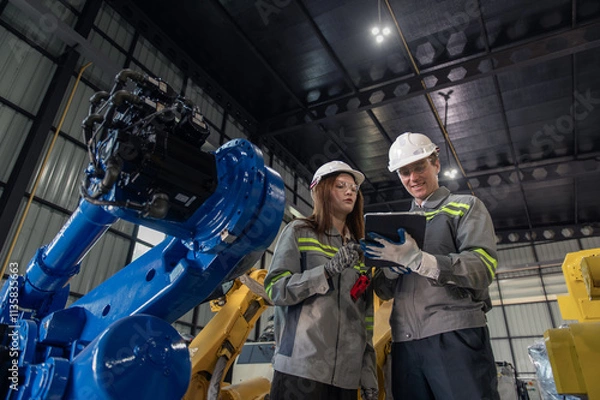 Fototapeta Engineer standing by robotic arm and operating machine in industry factory, technician worker check for repair maintenance electronic operation