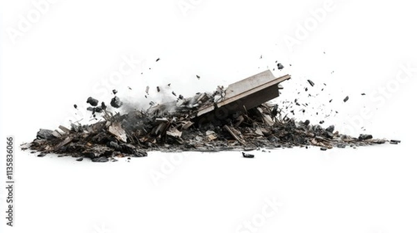 Fototapeta Pile of Debris and Ruins from a Demolition Site, Dust and Debris Ejecting from a Destroyed Structure in a White Background, Suggesting Destruction and Waste Management