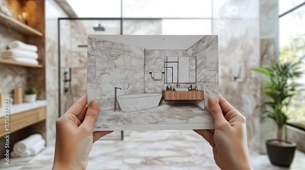 Fototapeta Hands holding a notepad with a creative bathroom design blueprint or drawing, showcasing a real interior design project for a stylish bathroom renovation