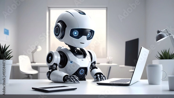 Fototapeta Cute ai robot use laptop at office. Artificial intelligence ai and machine learning.