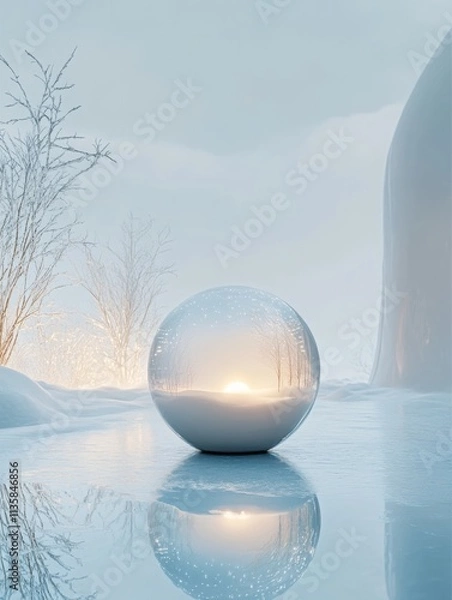 Fototapeta Frost-covered snow globe on reflective ice floor evokes winter charm and surreal nostalgia in softly glowing blue tones